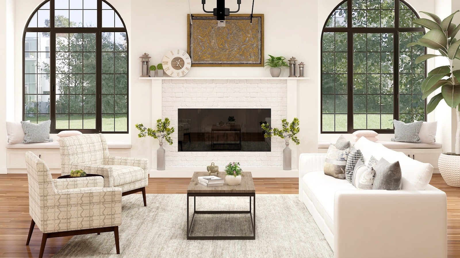 A living room with exposed timber ceiling beams, arched windows and a fireplace.